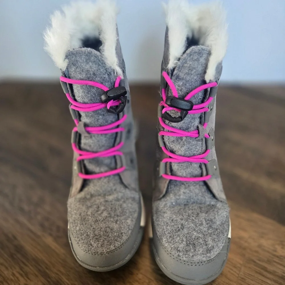 Sorel Whitney Kids Grey Suede Felt Waterproof Winter Boots Pink Bungee Faux Fur